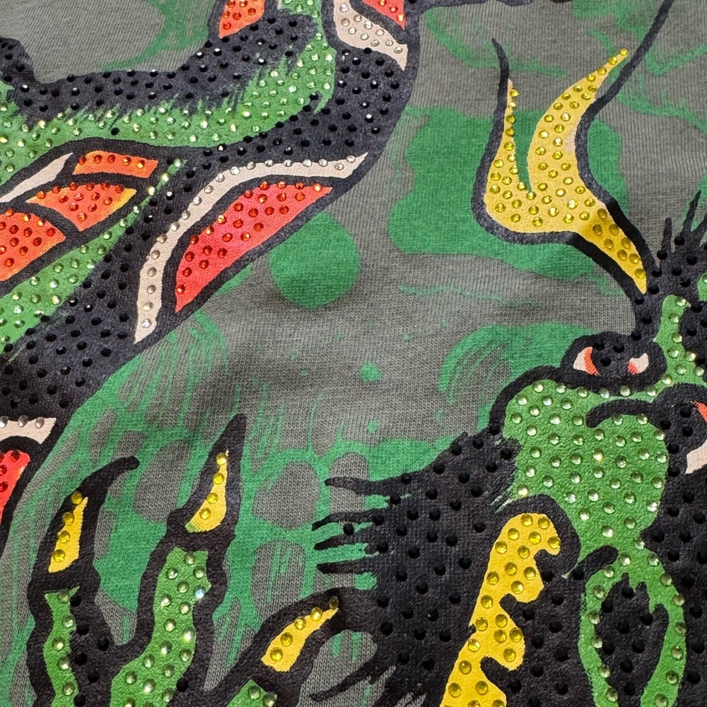 Ed Hardy Olive Dragon Tee with Neon Orange & Yellow Accents - Picture 6 of 8